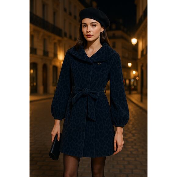 Rebecca Taylor Wool Angora Leopard Velvet Belted Coat Black 6 Puffy Voluminous - Picture 1 of 13